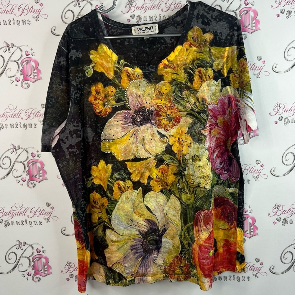 Valenti tshirt tee flowers Floral Women's Top rhinestone bling Multicolor